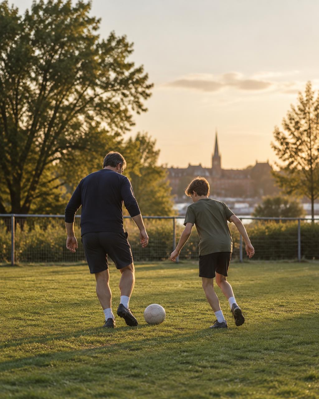 Mentor og ung spiller fodbold sammen i en park